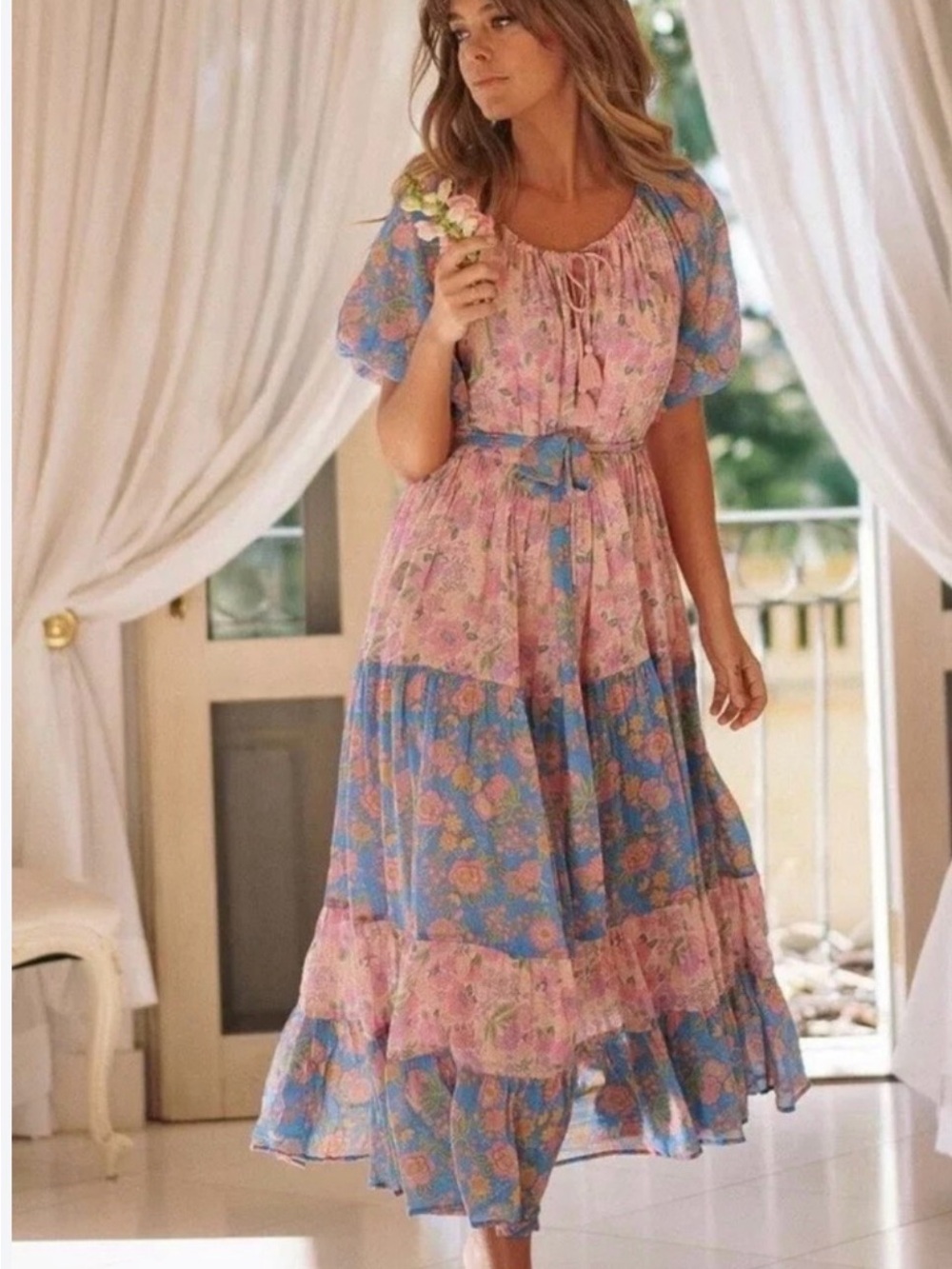 Spell Boho Floral Tiered Maxi Dress in Pink and Blue with waist tie included